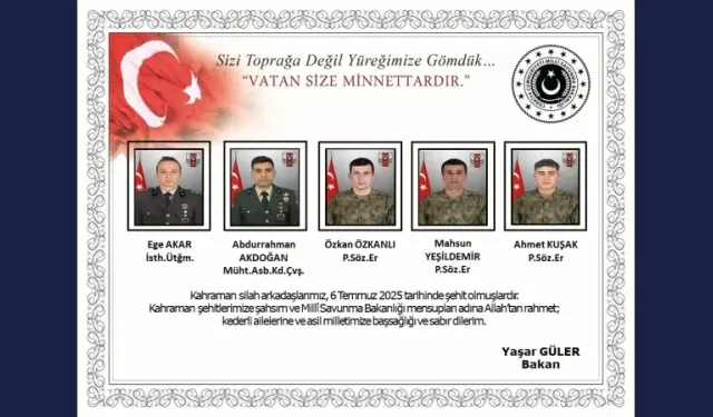 MSB: Metan gazından zehirlenen 5 personelimiz şehit oldu