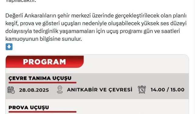Ankara Valiliği, SoloTürk uçuş programını paylaştı