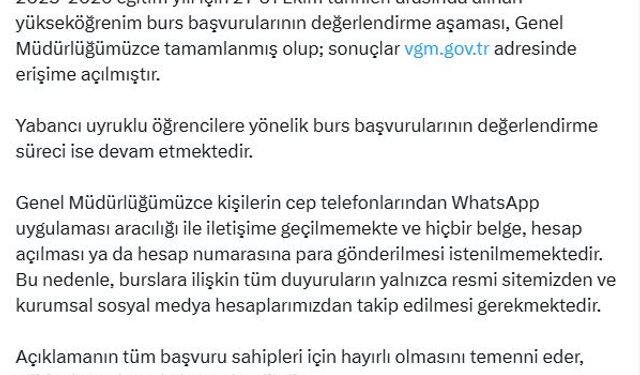 Vakıflar Genel Müdürlüğü burs sonuçları açıklandı