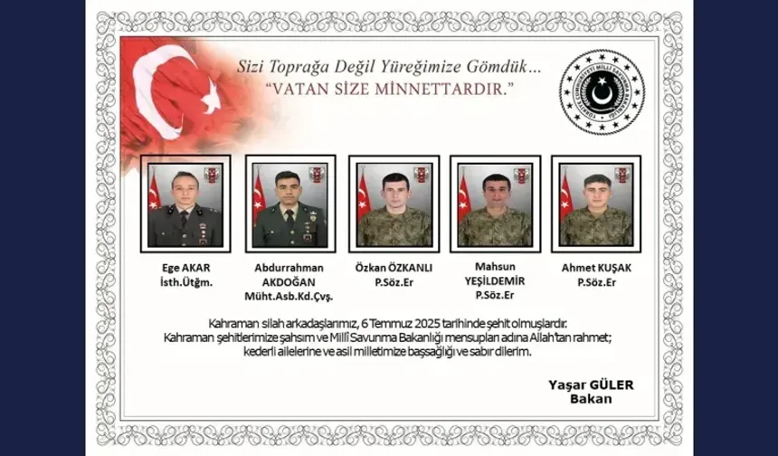 MSB: Metan gazından zehirlenen 5 personelimiz şehit oldu