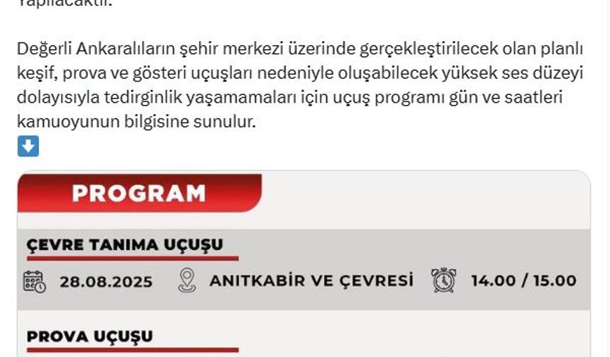 Ankara Valiliği, SoloTürk uçuş programını paylaştı