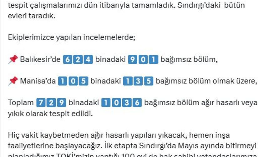 Bakan Kurum: Balıkesir'de 729 binadaki 1036 bağımsız bölüm ağır hasarlı veya yıkık