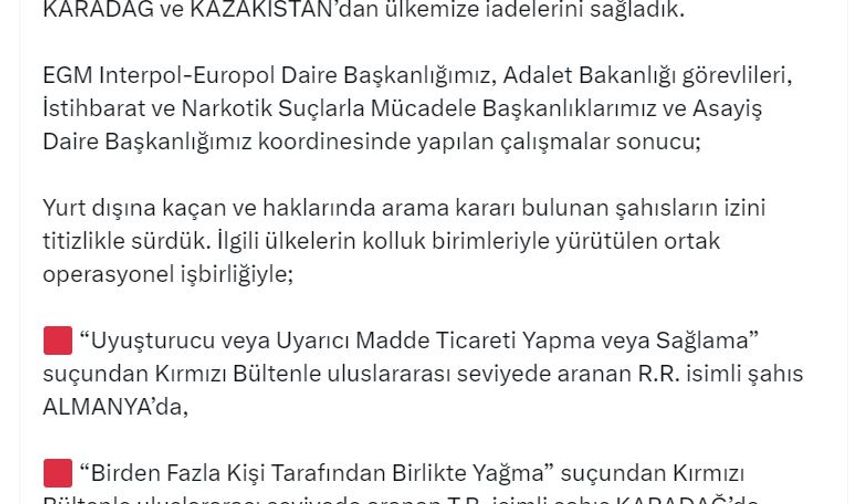 Bakan Yerlikaya: Kırmızı bültenle aradığımız 3 suçlu Türkiye'ye iade edildi