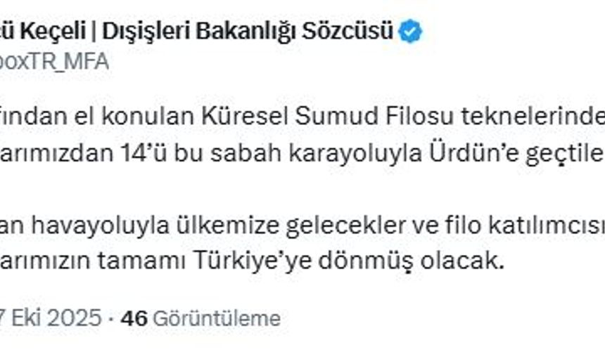 Dışişleri Bakanlığı Sözcüsü Keçeli: İsrail'de tutulan 14 vatandaşımız Ürdün'e geçti