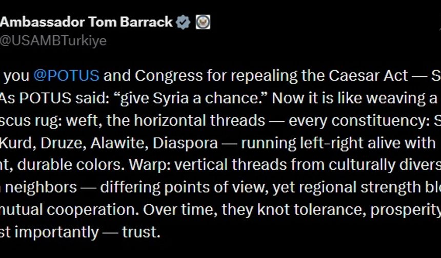 ABD Suriye Özel Temsilcisi Barrack'tan 'Sezar Yasası' teşekkürü